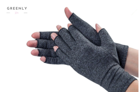 Gray fingerless compression arthritis gloves designed to relieve joint pain and improve circulation. Ideal for daily activities, they provide support, comfort, and enhanced grip